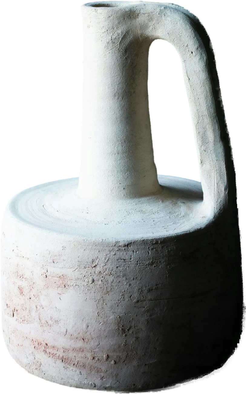Jug no. 4 by Hana Okada: a pale wood-fired stoneware jug with a pulled handle