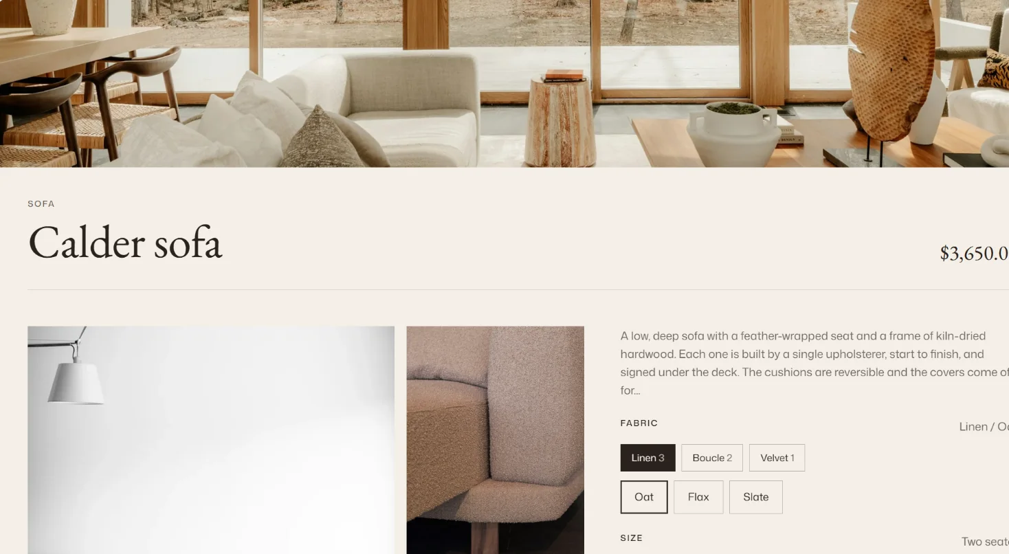 A Wren House product page with fabric choices beside the price