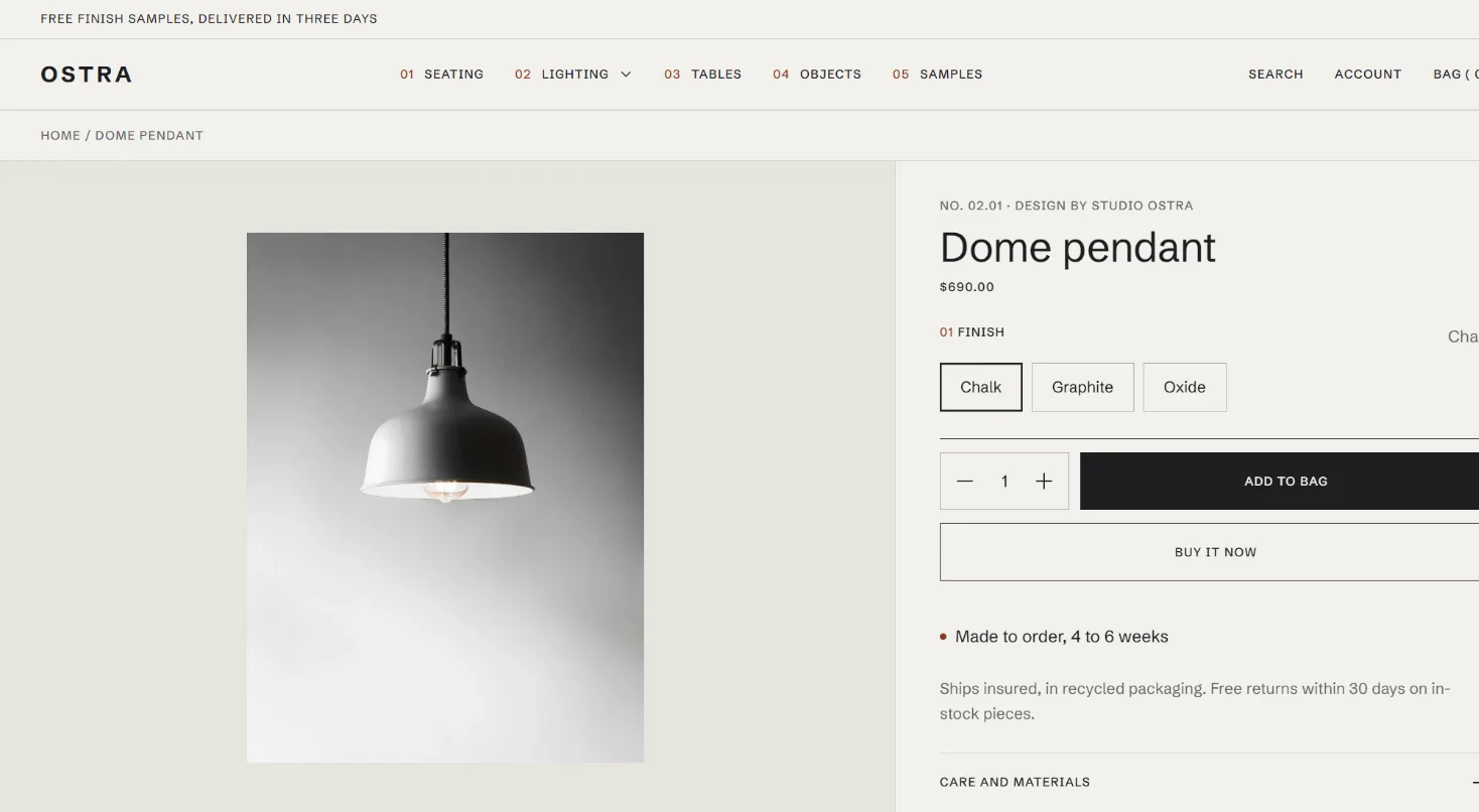 An Ostra product page in the Tear Sheet style, with sizes in a table and a spec sheet to download